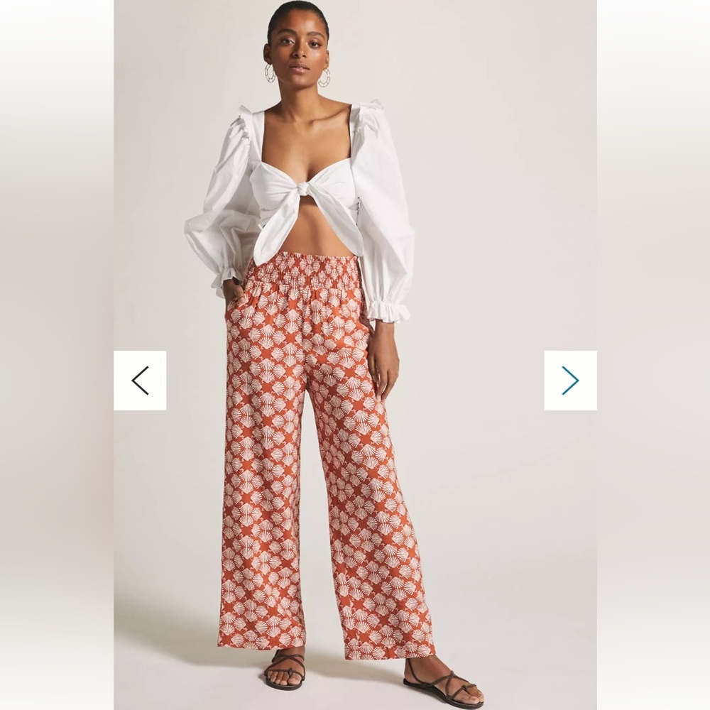 NWT Anthropologie Maeve Saria Wide Leg Printed She’ll Clam Smocked Beach Pants S